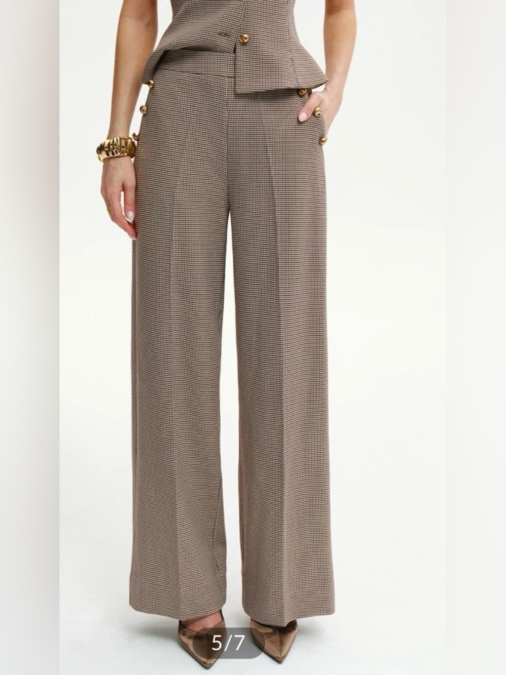 Commense Brown Houndstooth Wide-Leg Trousers